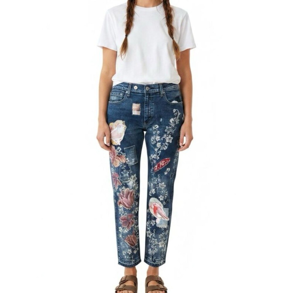 Upcycled Levi’s Art Jeans distressed bleached stenciled appliqués size 39